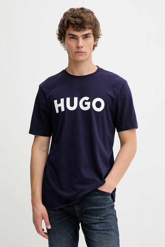 HUGO T-shirt męski bawełniany Dulivio nadruk granatowy 50467556