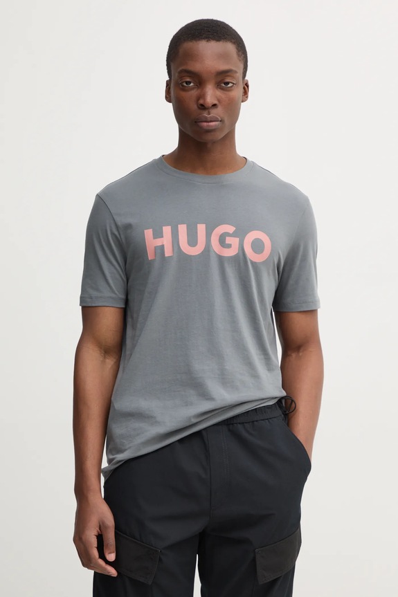 HUGO T-shirt męski bawełniany Dulivio nadruk szary 50467556
