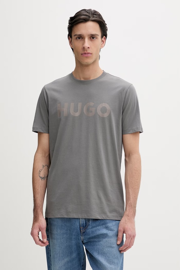 HUGO T-shirt męski bawełniany Dulivio nadruk szary 50467556
