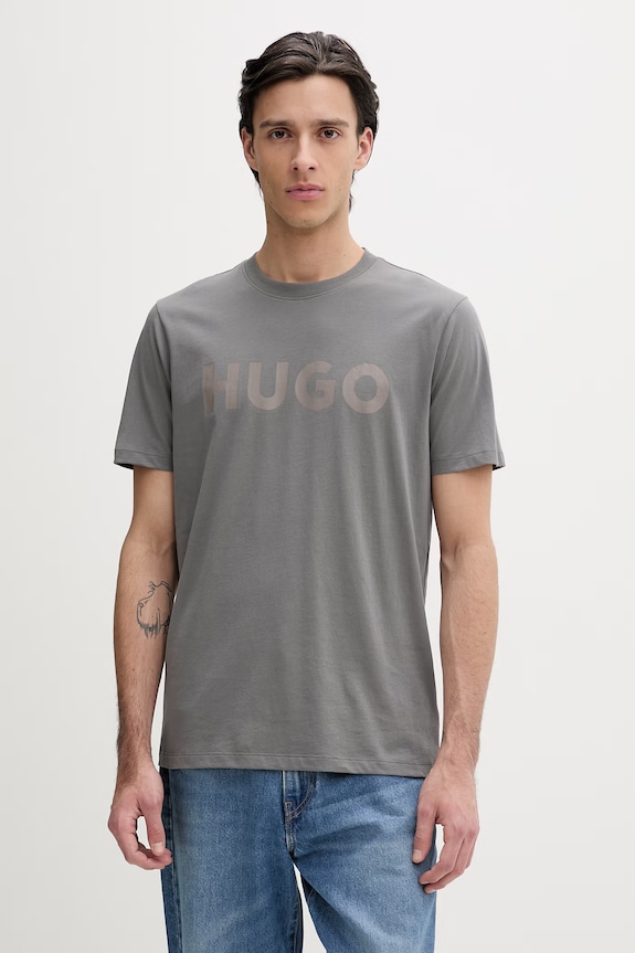HUGO T-shirt męski bawełniany Dulivio nadruk szary 50467556