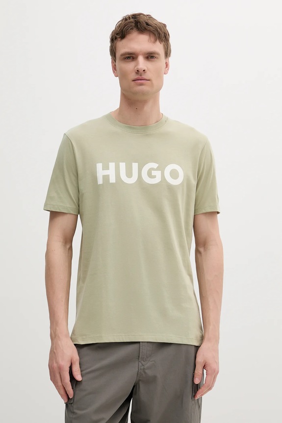 HUGO T-shirt męski bawełniany Dulivio nadruk zielony 50467556