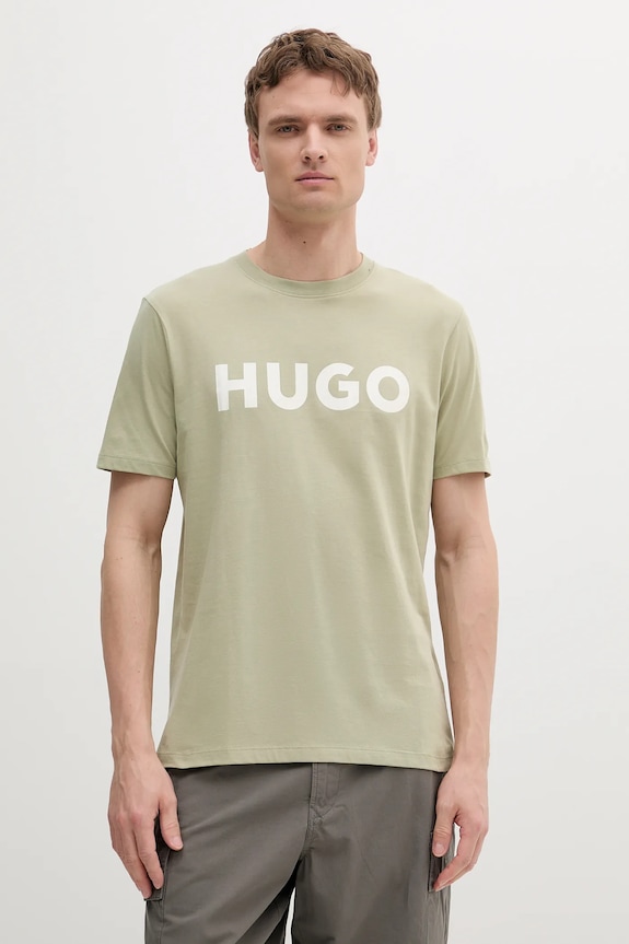 HUGO T-shirt męski bawełniany Dulivio nadruk zielony 50467556
