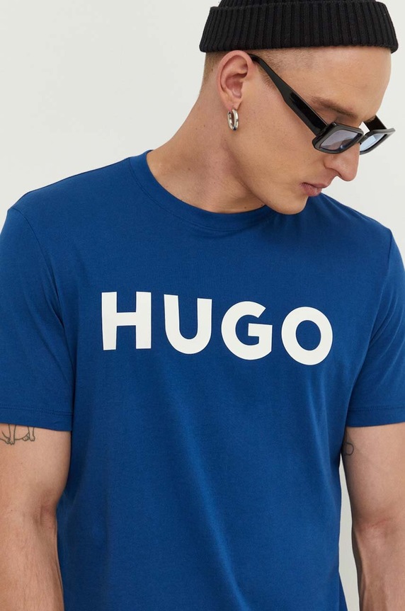 HUGO T-shirt męski bawełniany Dulivio nadruk niebieski 50467556