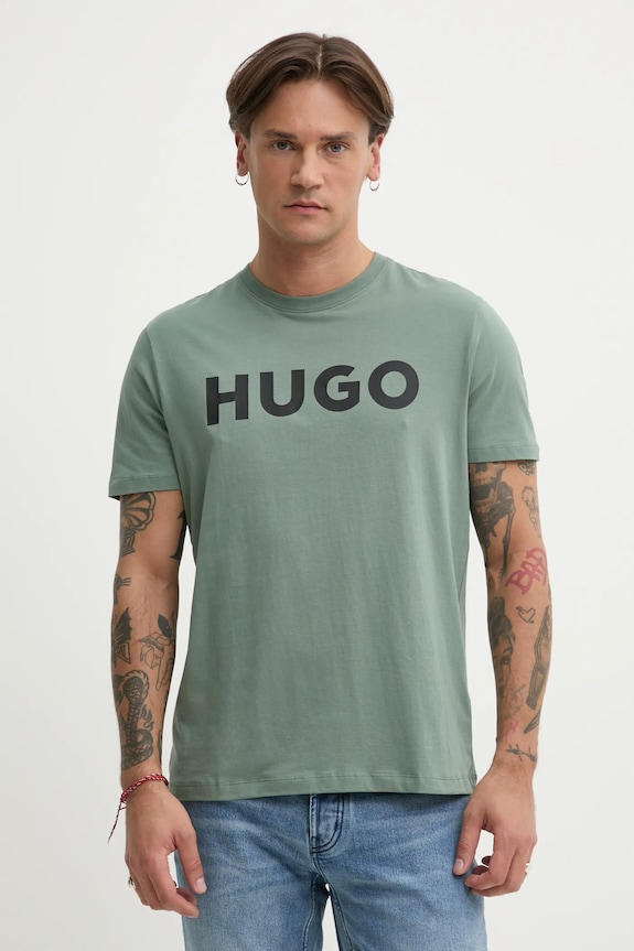 HUGO T-shirt męski bawełniany Dulivio nadruk zielony 50467556