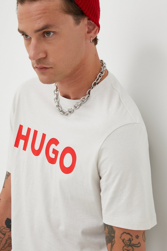 HUGO T-shirt męski bawełniany Dulivio beżowy 50467556