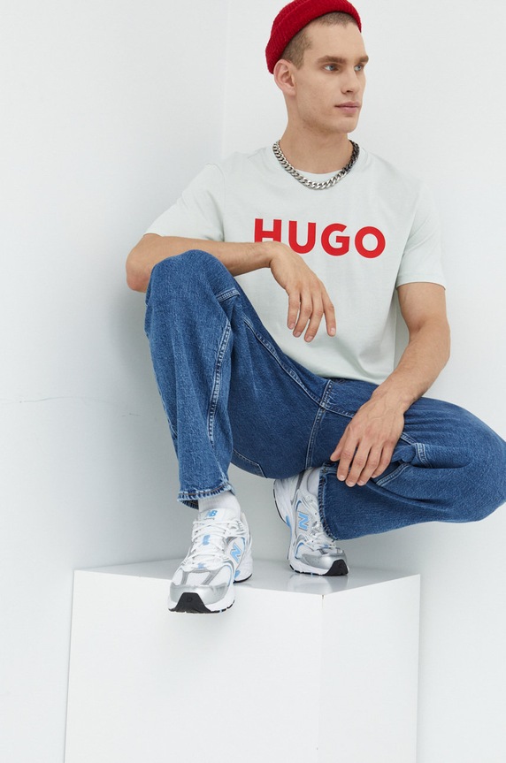HUGO T-shirt męski bawełniany Dulivio z elastanem zielony 50467556