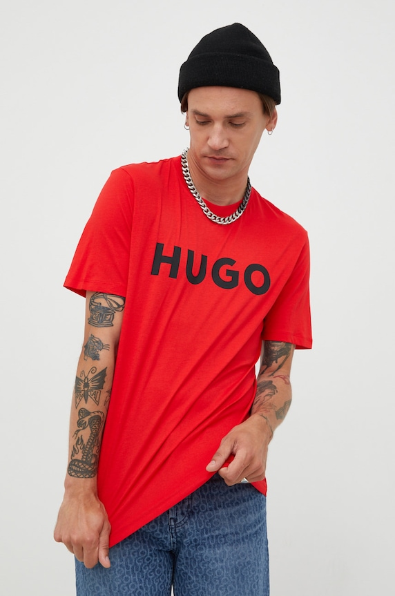 HUGO T-shirt męski bawełniany Dulivio z elastanem czerwony 50467556