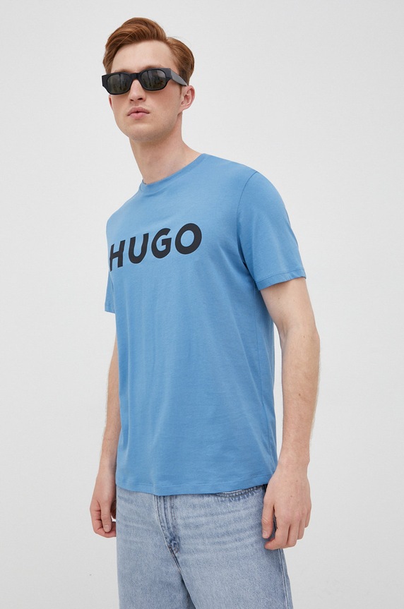 HUGO T-shirt męski bawełniany Dulivio z elastanem niebieski 50467556