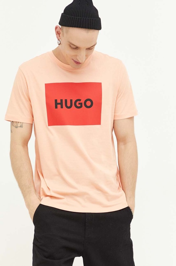 HUGO t-shirt bawełniany Dulive222 nadruk pomarańczowy 50467952