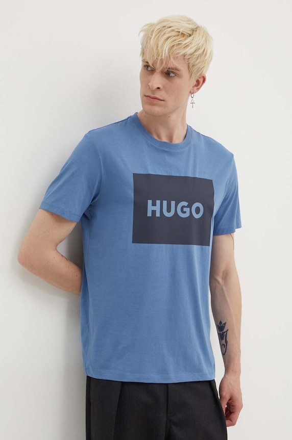 HUGO t-shirt bawełniany Dulive222 nadruk niebieski 50467952