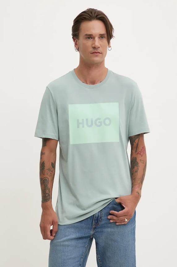 HUGO t-shirt bawełniany Dulive222 nadruk zielony 50467952