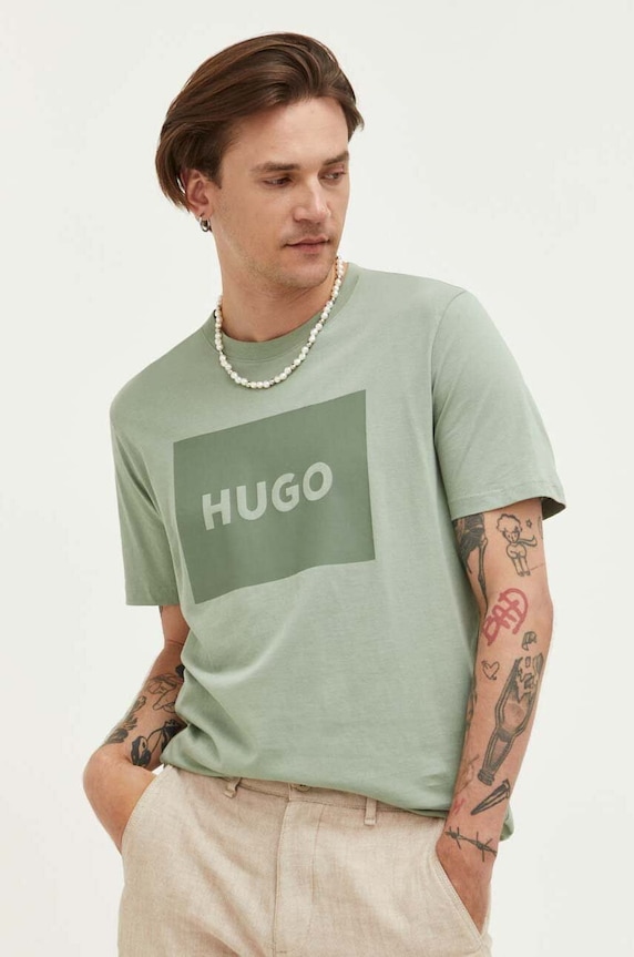 HUGO t-shirt bawełniany Dulive222 nadruk zielony 50467952