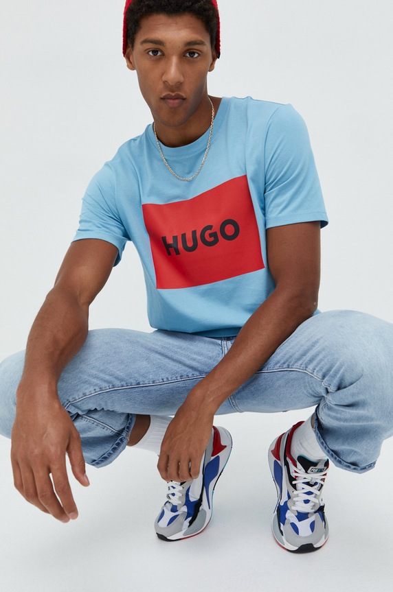 HUGO t-shirt bawełniany Dulive222 nadruk niebieski 50467952
