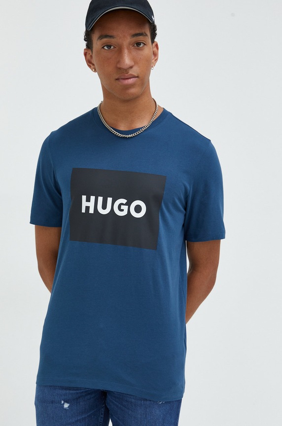 HUGO t-shirt bawełniany Dulive222 nadruk granatowy 50467952