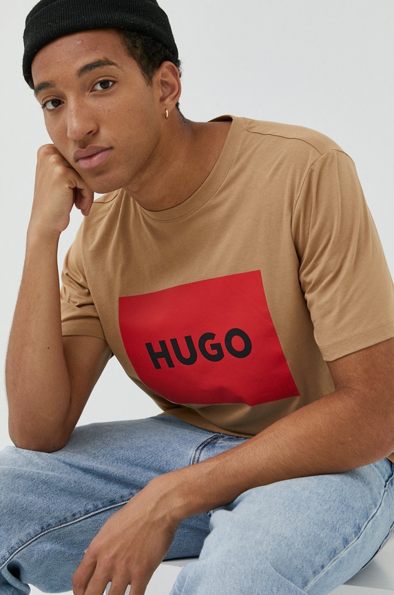 HUGO t-shirt bawełniany Dulive222 nadruk brązowy 50467952