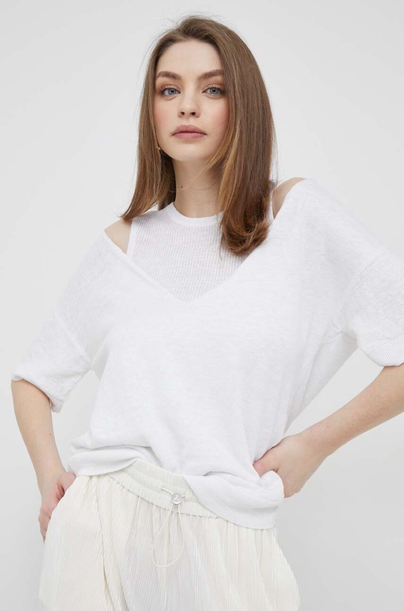 Lněný svetr Dkny kulatý bílá P3ASAH92