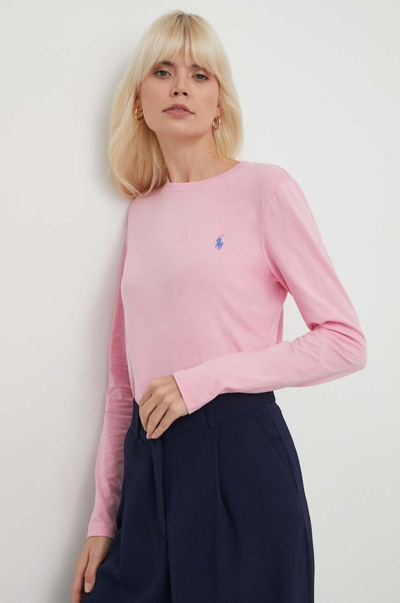 Bavlněné tričko s dlouhým rukávem Polo Ralph Lauren hladký růžová 211898699