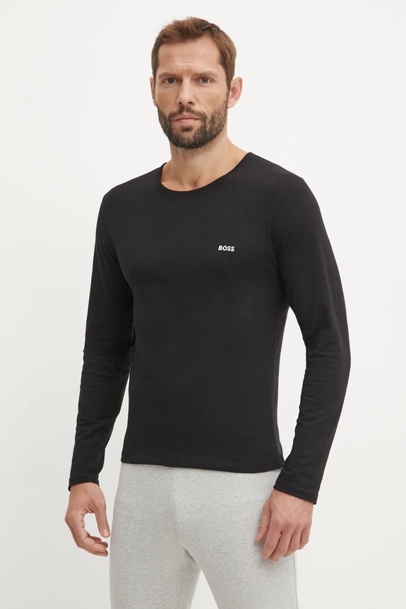 Bavlnené tričko s dlhým rukávom BOSS 3-pak LSShirtRN 3P Classic jednofarebný čierna 50492321