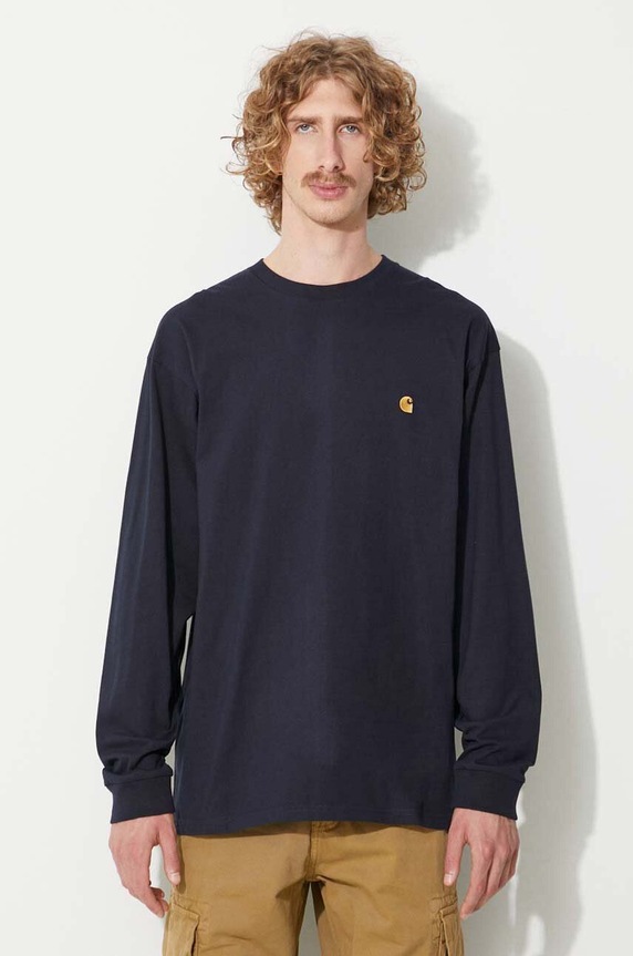 Бавовняний лонгслів Carhartt WIP гладкий темно-синій I026392