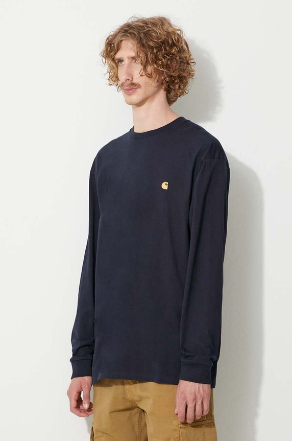 Бавовняний лонгслів Carhartt WIP темно-синій I026392