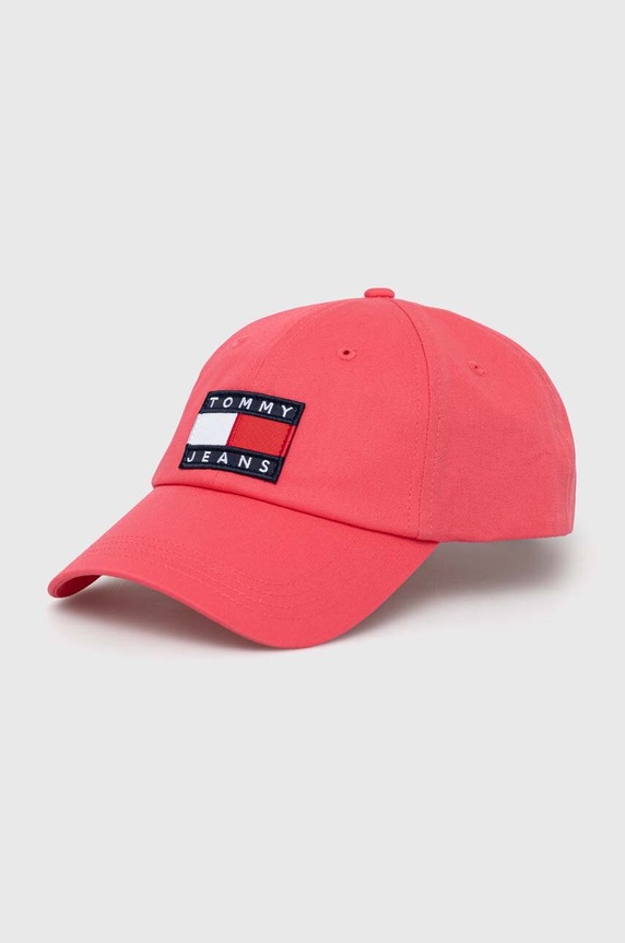 Βαμβακερό καπέλο του μπέιζμπολ Tommy Jeans απλικέ ροζ AW0AW14601.PPYX