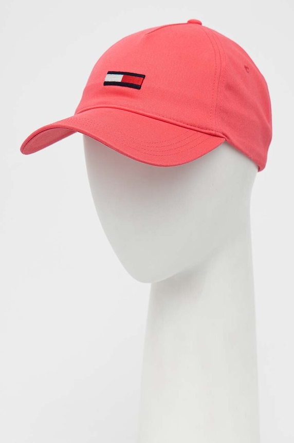 Βαμβακερό καπέλο του μπέιζμπολ Tommy Jeans απλικέ ροζ AW0AW14594.PPYX