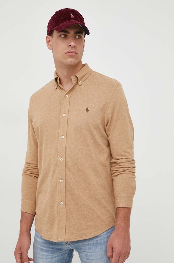 Βαμβακερό πουκάμισο Polo Ralph Lauren μακρύ μπεζ 710654408