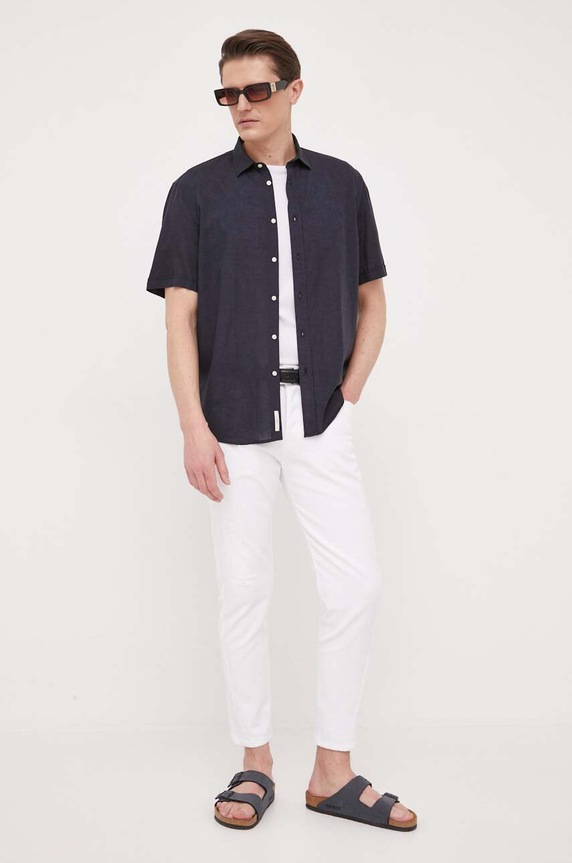 Liu Jo koszula z domieszką lnu M123P201SHORTLINEN granatowy SS23