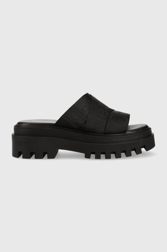 Pantofle Calvin Klein Jeans TOOTHY COMBAT SANDAL WEBBING platforma černá YW0YW00949
