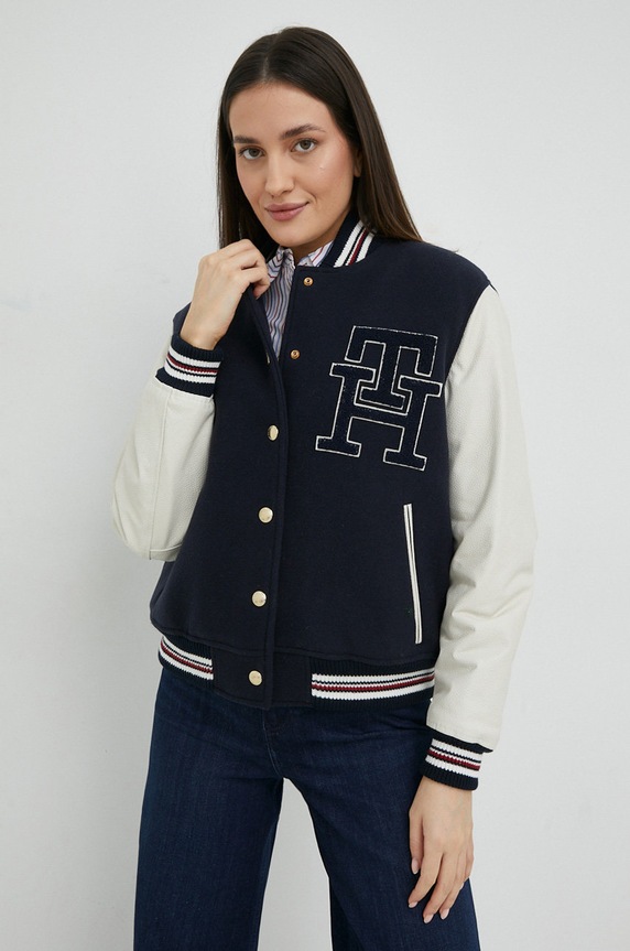 Vlněná bunda Tommy Hilfiger přechodné námořnická modř WW0WW37308.PPYX