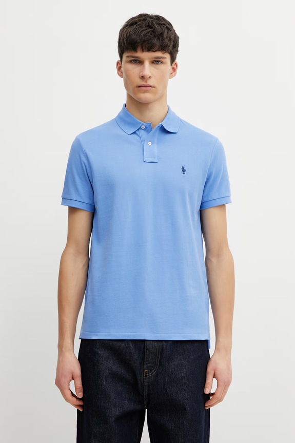 Памучна тениска с яка Polo Ralph Lauren вталена син 710782592