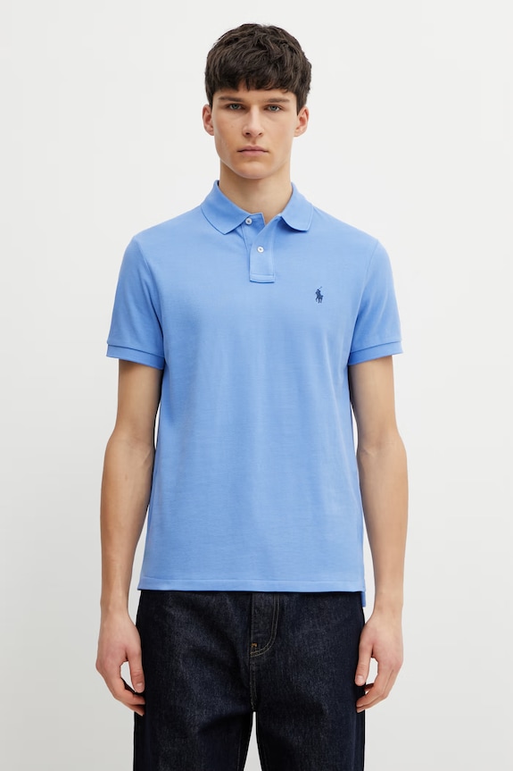 Памучна тениска с яка Polo Ralph Lauren вталена син 710782592