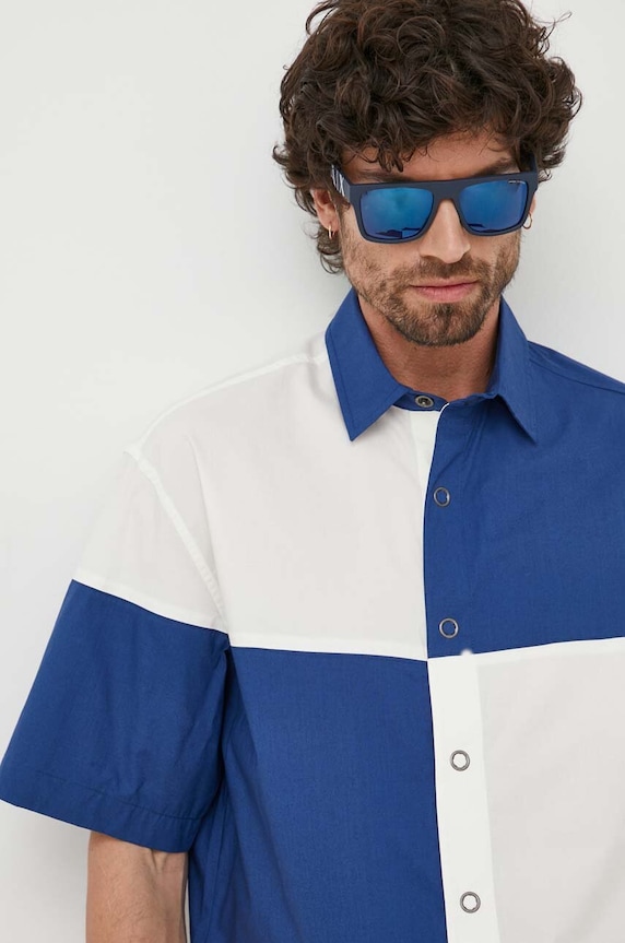 Βαμβακερό πουκάμισο United Colors of Benetton εμπριμέ σκούρο μπλε 5EDZUQ01Z.901