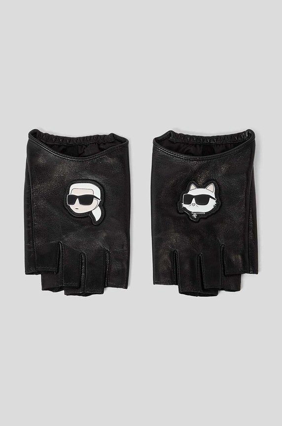 Karl Lagerfeld ujjatlan bőrkesztyű aplikációval fekete 230W3601