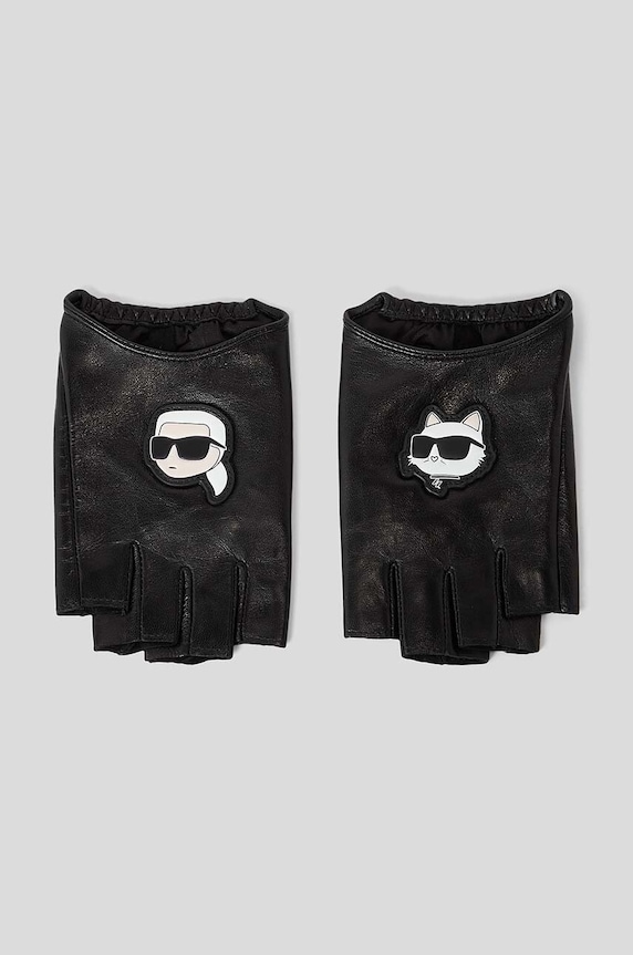 Karl Lagerfeld ujjatlan bőrkesztyű aplikációval fekete 230W3601