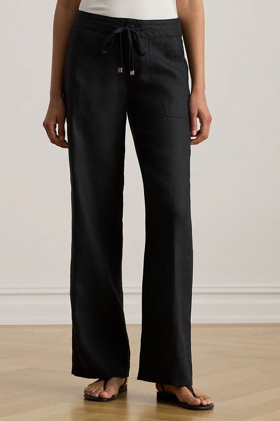 Λινό παντελόνι Lauren Ralph Lauren μεσαία μαύρο 200735136