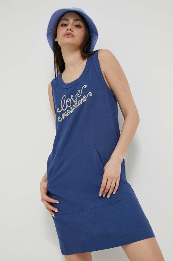 Love Moschino sukienka z domieszką lnu W.V.J85.01.T.498A niebieski SS23