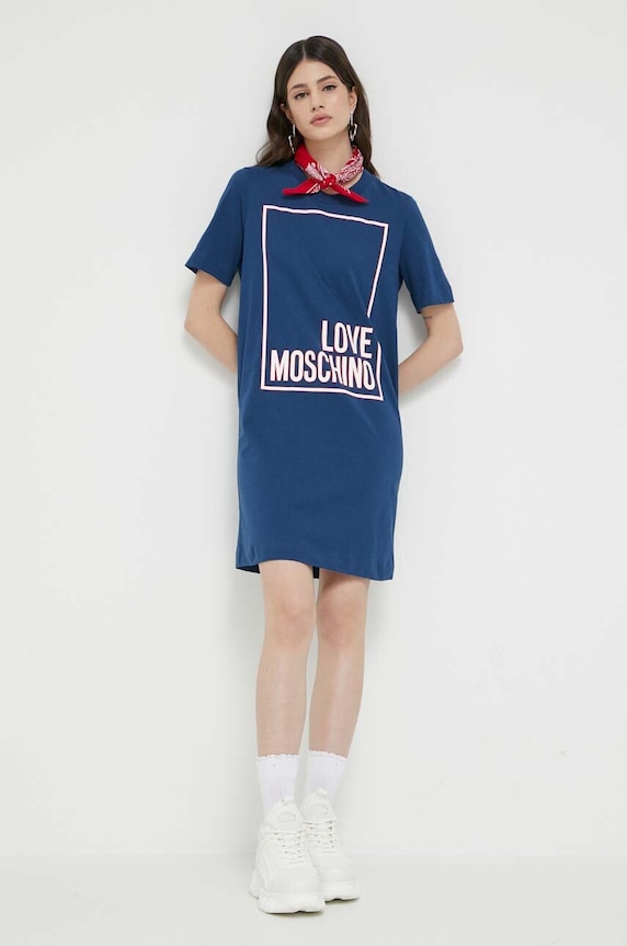 Love Moschino sukienka bawełniana nadruk granatowy W.5.A02.32.M.4405