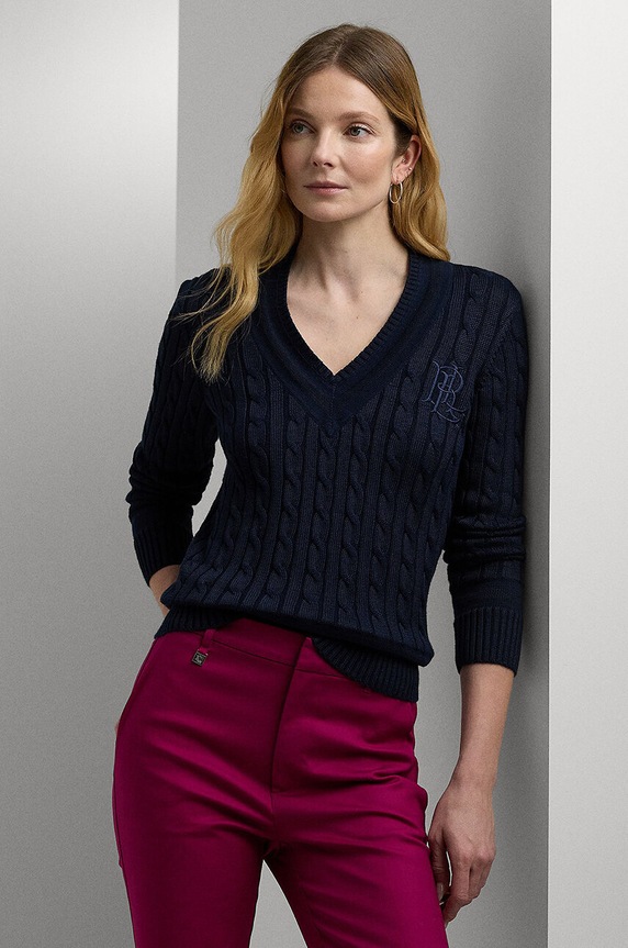 Lauren Ralph Lauren svetr dámský s bavlnou V výstřih modrá 200888795