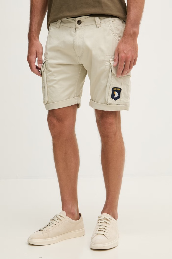Alpha Industries pantaloni scuți cargo pentru bărbați din bumbac cu elastan bej 186209