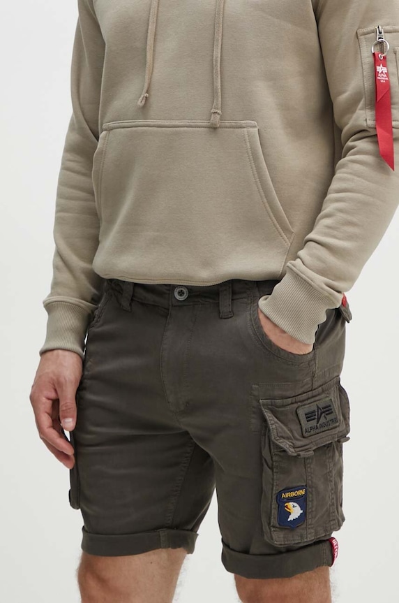 Alpha Industries pantaloni scuți cargo bărbătești din bumbac cu elastan verde 186209