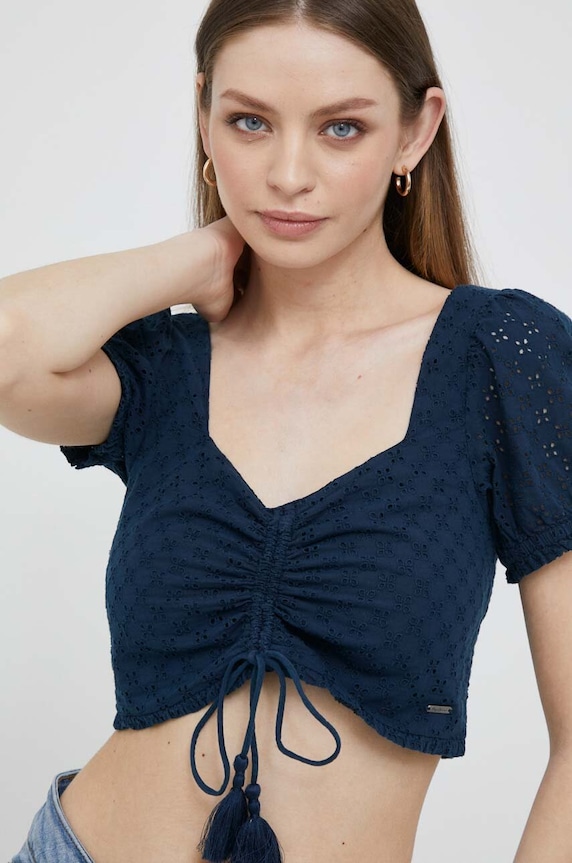 Pamučni top Pepe Jeans Philana bez uzorka mornarsko plava PL304506.594