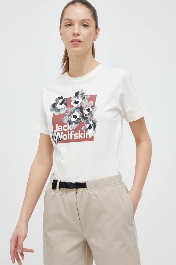 Bavlněné tričko Jack Wolfskin 10 potisk béžová 1809051