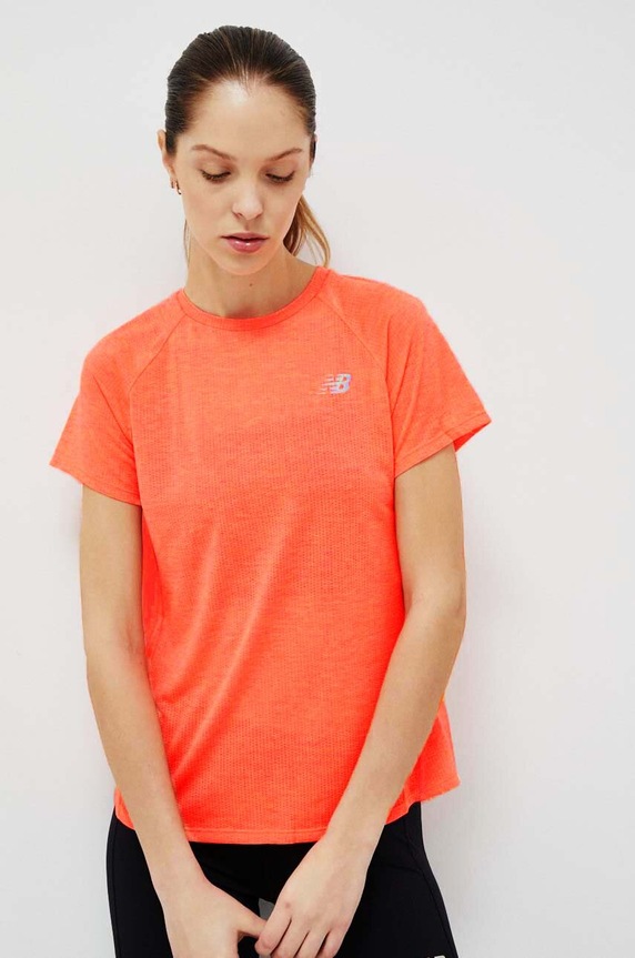 New Balance t-shirt do biegania Impact Run z elastanem pomarańczowy WT21262ODR