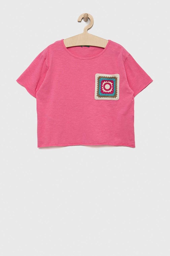 Παιδικό μπλουζάκι United Colors of Benetton απλικέ ροζ 3LHAC10BV.G.SEASONAL