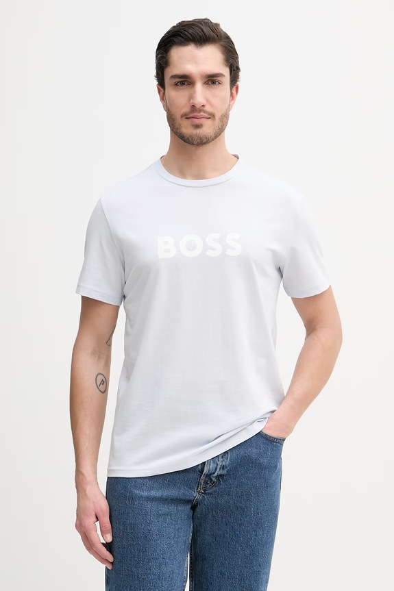 BOSS T-Shirt RN bărbătesc din bumbac print albastru 50491706