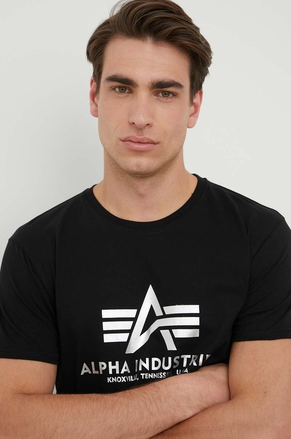 Bombažna kratka majica Alpha Industries Basic T-Shirt Foil Print črna 100501FP.530
