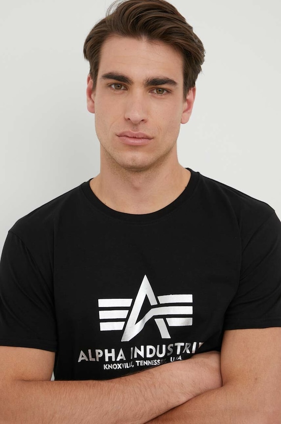 Bombažna kratka majica Alpha Industries Basic T-Shirt Foil Print črna 100501FP.530