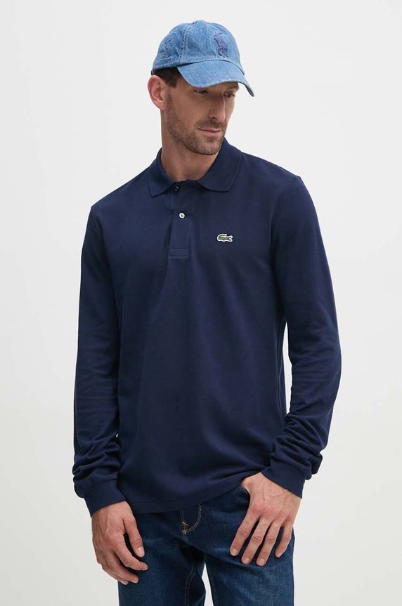 Bavlněné tričko s dlouhým rukávem Lacoste hladký námořnická modř L1312.166