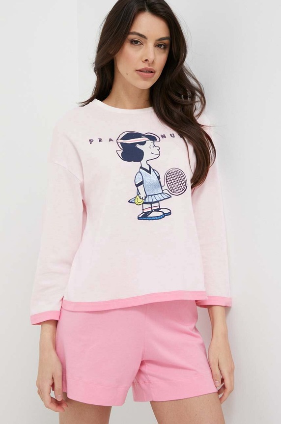 Bavlnené pyžamové tričko United Colors of Benetton x Peanuts vrchný ružová 30963M05F